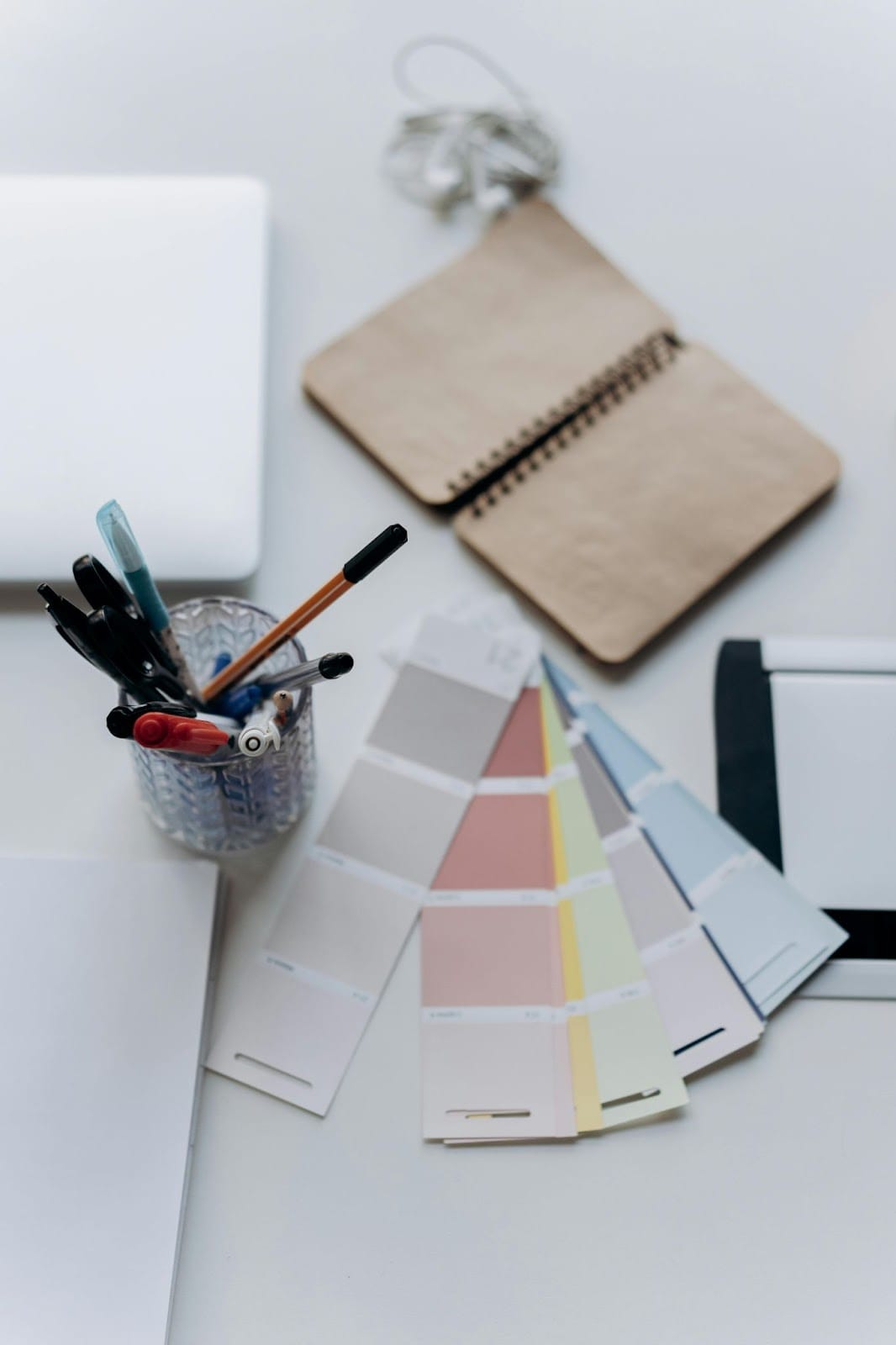 A flat lay of a workstation