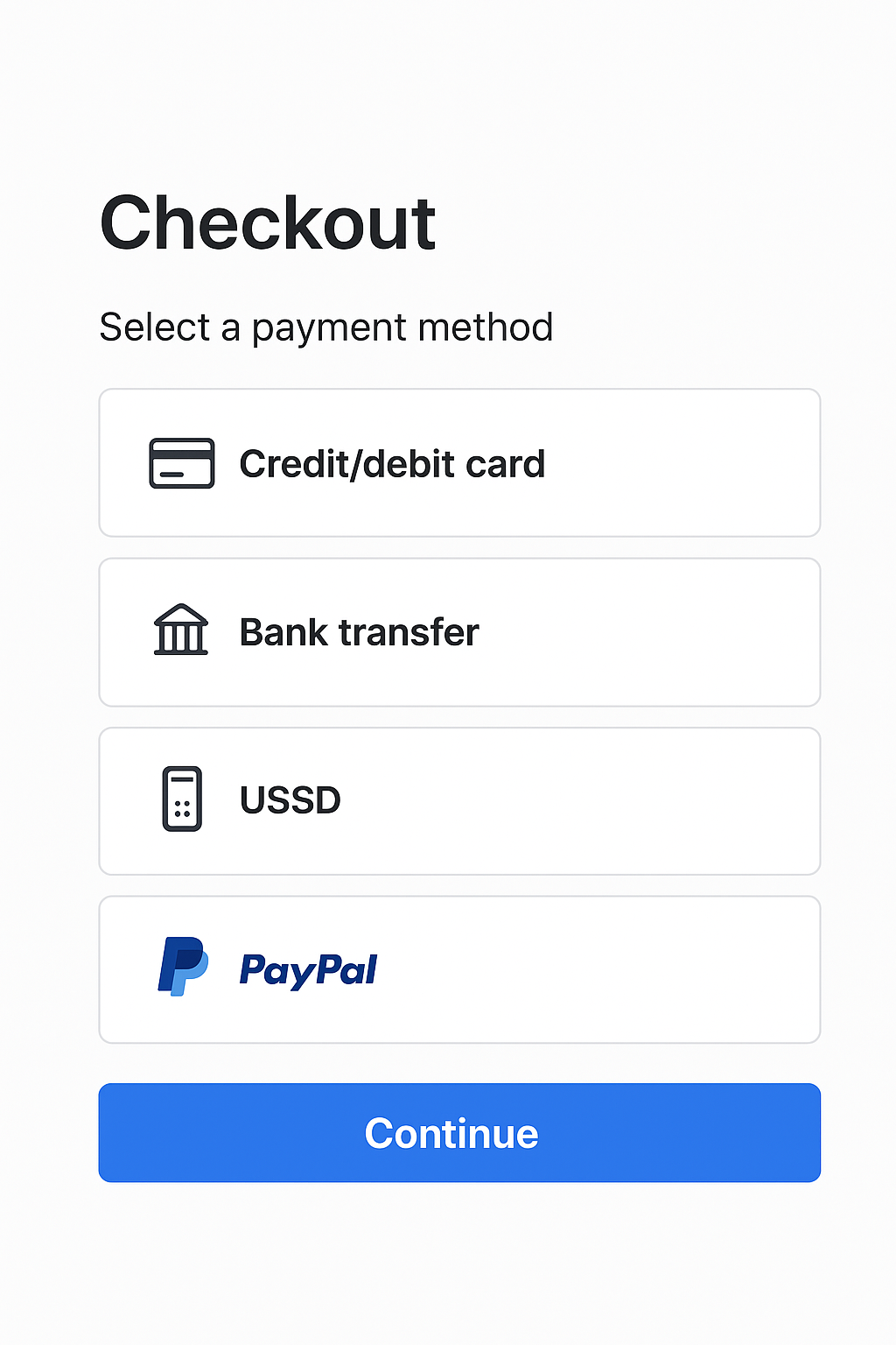 E-commerce checkout page displaying multiple payment options including Credit/debit card, Bank transfer, USSD, PayPal, and a blue Continue button at the bottom.