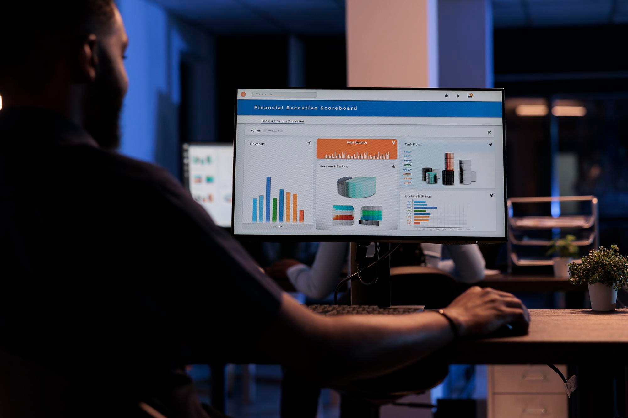 Business man looking at statistics on computer screen 