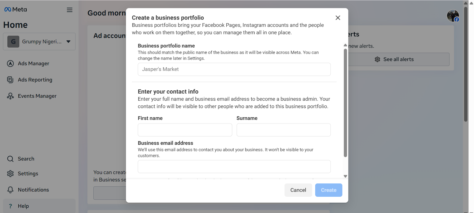 Screenshot showing the initial setup process of a Facebook Business Page with fields for details being filled in.