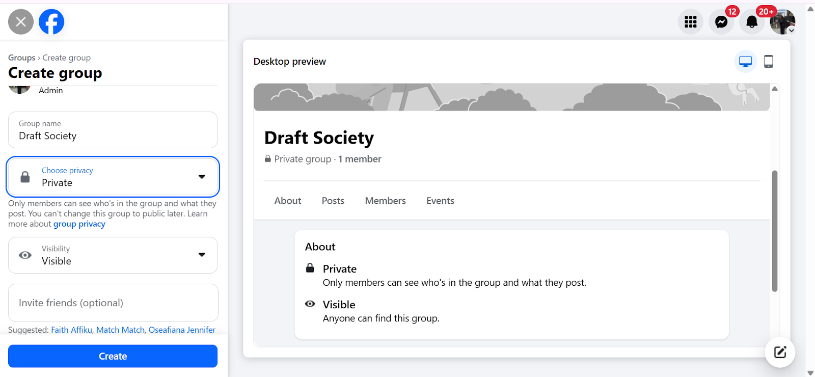 Screenshot showing the initial setup process of a Facebook Group with fields for details being filled in.