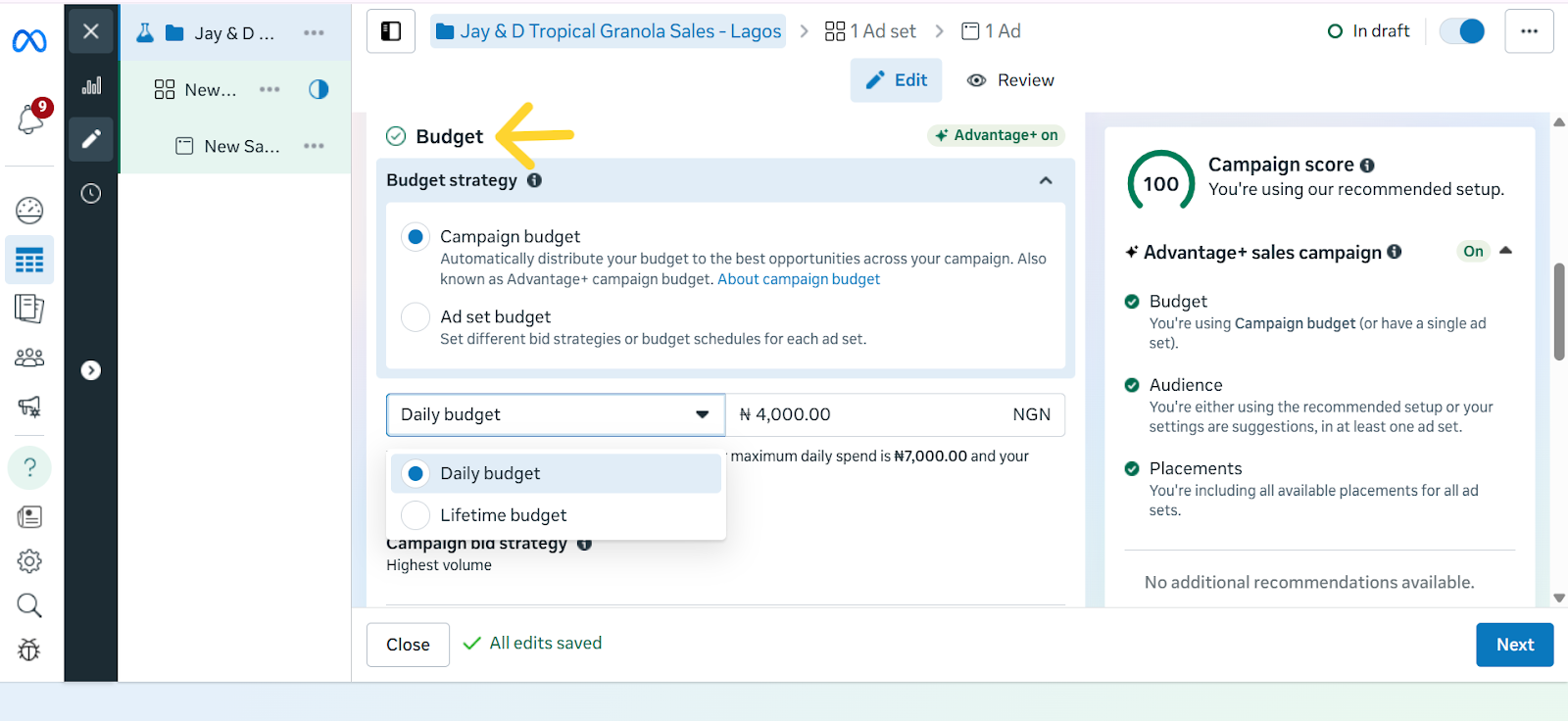 Screenshot of Meta Ads Manager showing the Budgets section, including campaign budget and ad set budget, with daily and lifetime budget options visible. An arrow points to the ‘Budgets’ heading at the top of the section.