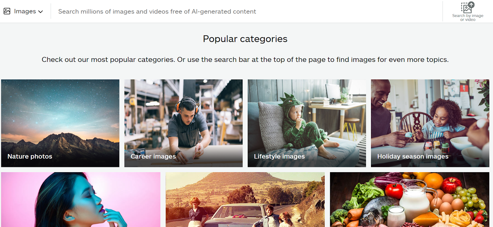 Screenshot of iStock’s “Popular Categories” section showing different categories of stock photos.
