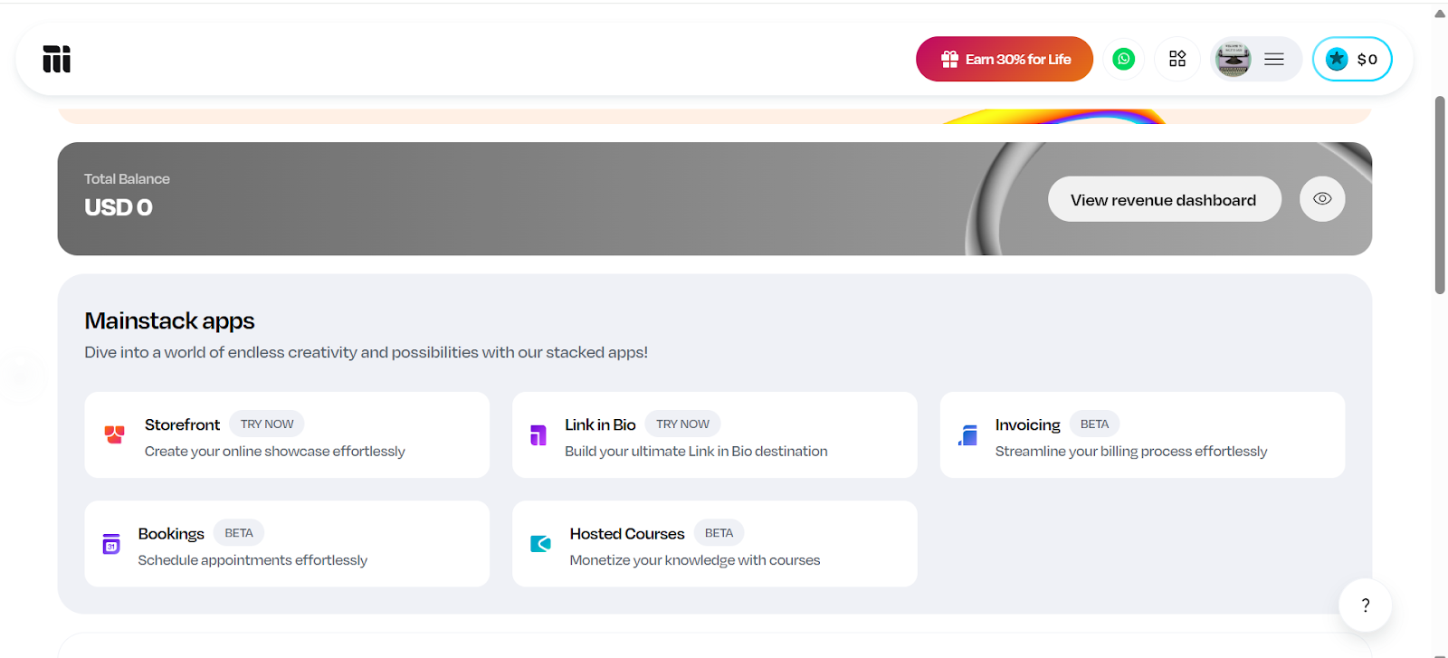 Screenshot of the Mainstack dashboard highlighting available creator tools such as storefronts, invoicing, bookings, and hosted courses.