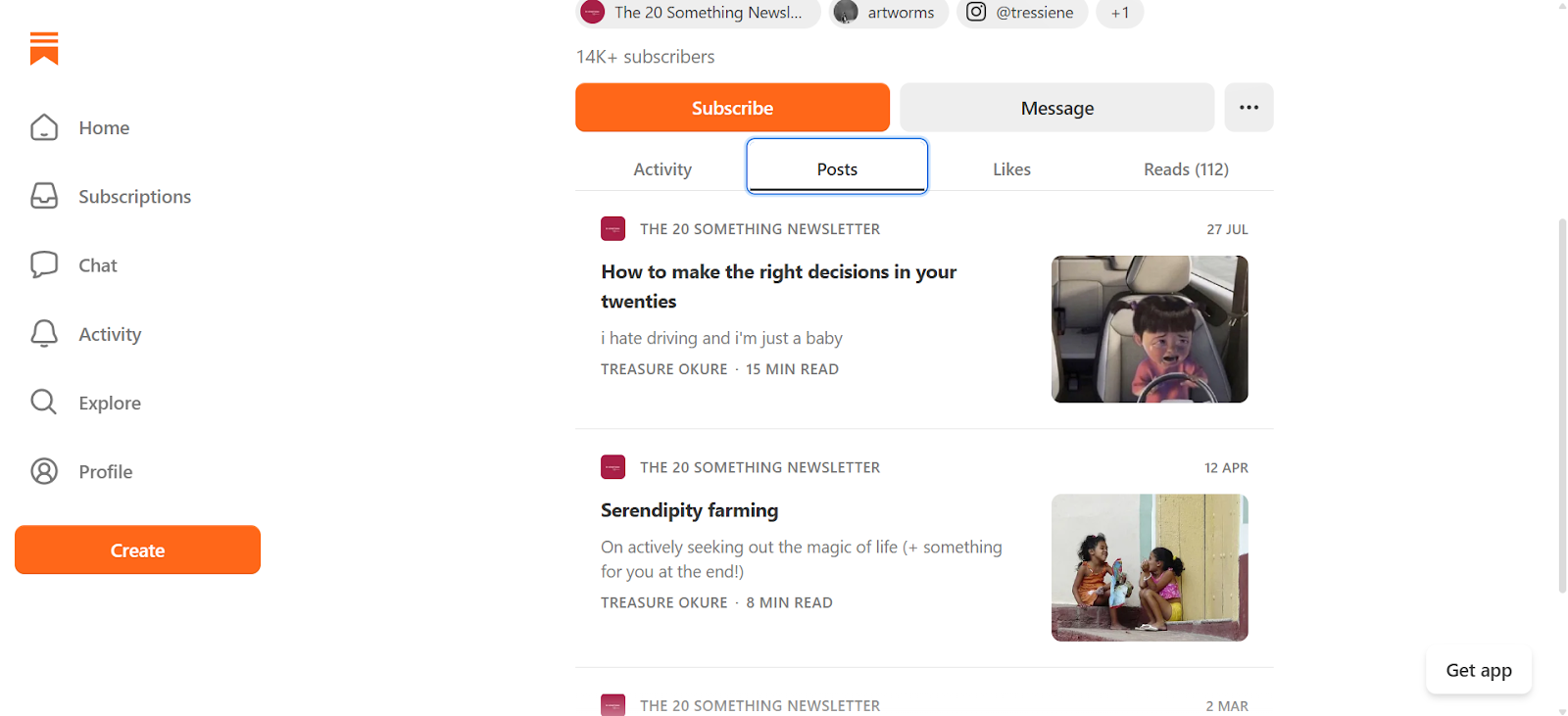Screenshot of the Substack page for “This 20-Something” newsletter, displaying a few recent issues from the creator.