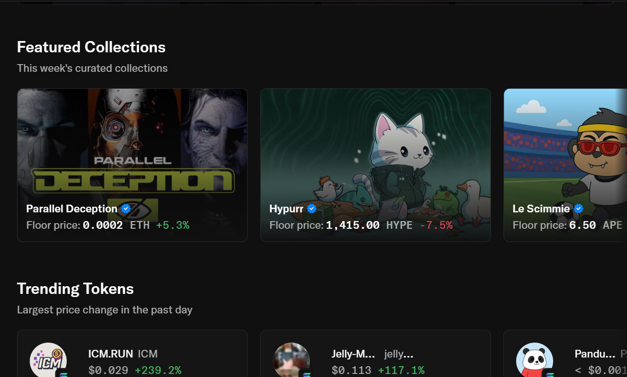 Screenshot of OpenSea’s homepage showing NFTs under “Featured Collections,” with part of the “Trending Tokens” section visible at the bottom.