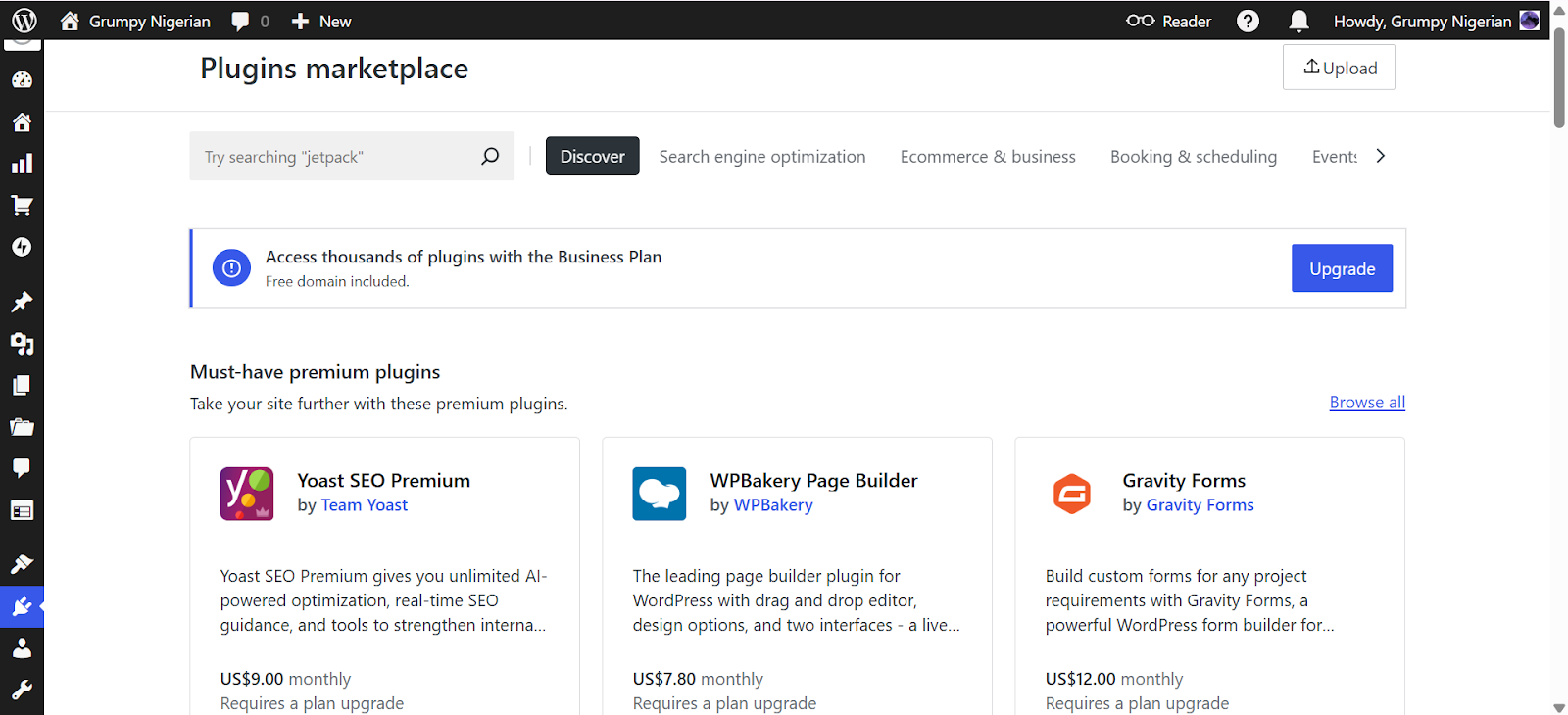 screenshot of the WordPress plugin marketplace with a variety of website plugins displayed.