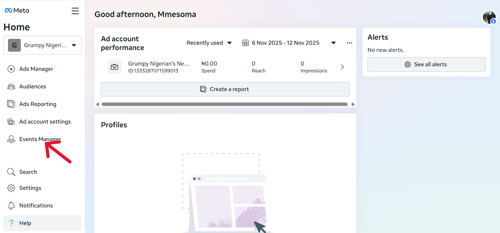 Screenshot of the Facebook Business interface with an arrow pointing to the Events Manager option in the left-hand menu.