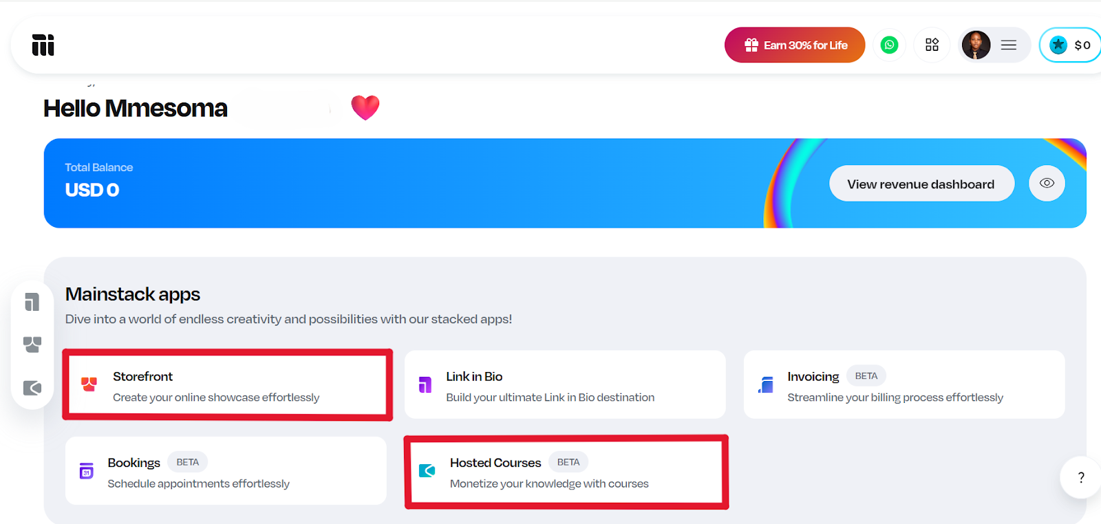Screenshot of the Mainstack dashboard with the Storefront and Hosted Courses apps highlighted.