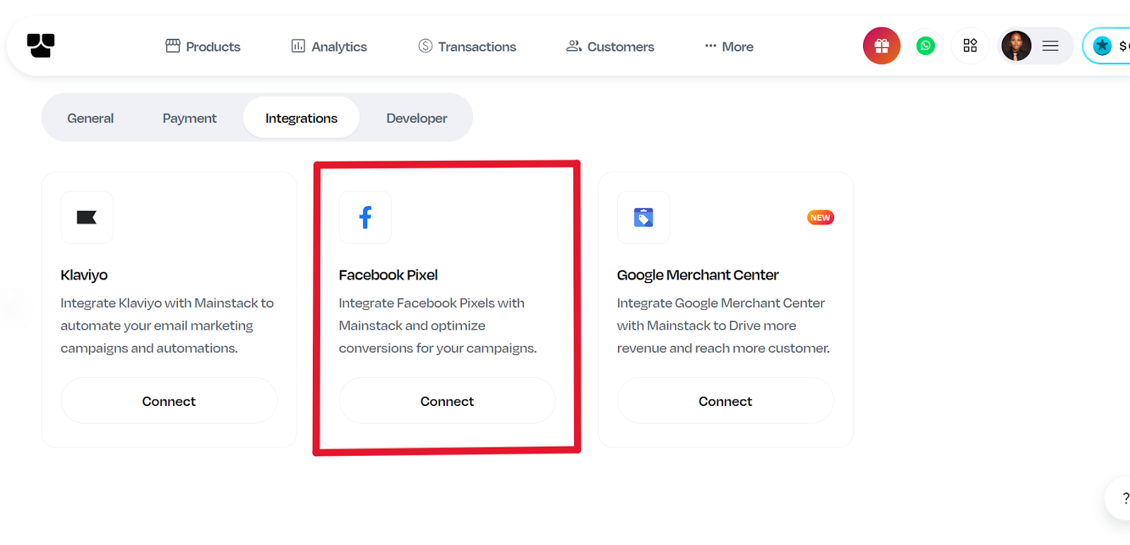 Mainstack Storefront Integrations page displaying three integration options—Klaviyo for email marketing, Facebook Pixel for tracking, and Google Merchant Center for product listings.