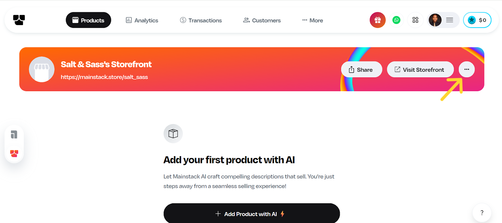 Screenshot of a Mainstack user’s storefront dashboard with an arrow pointing to the three-dot menu icon, showing where to click for additional options.