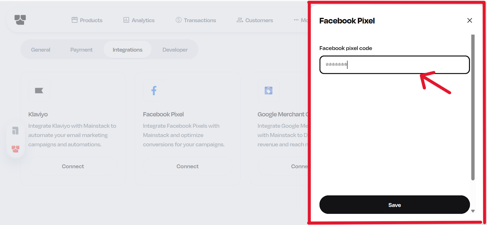 Mainstack Facebook Pixel setup highlighted on the right-hand panel with an arrow pointing to the text field where users can enter their Meta Pixel ID.
