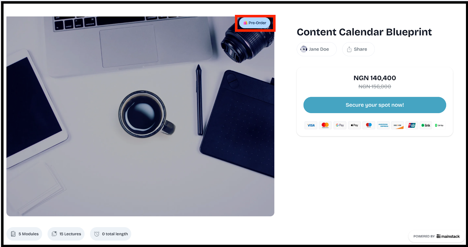 Screenshot of the live pre-order for hosted courses page.