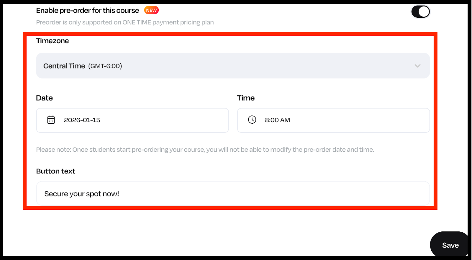 Screenshot of a Course page, showing the timezone, time, date and button text, highlighted