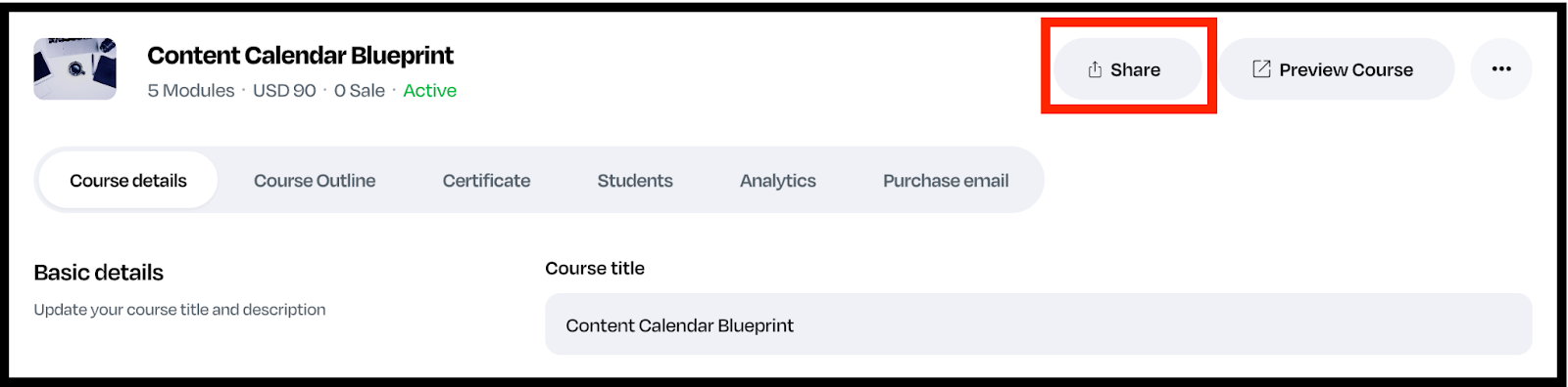 Screenshot of course details, highlighting the share button in red.