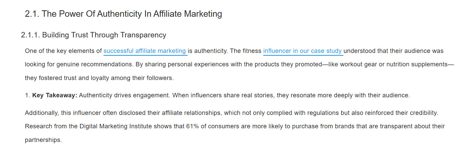 Screenshot from Growett’s blog post highlighting how a fitness influencer built trust by sharing real product experiences/reviews, showing that authenticity and transparency drive engagement.